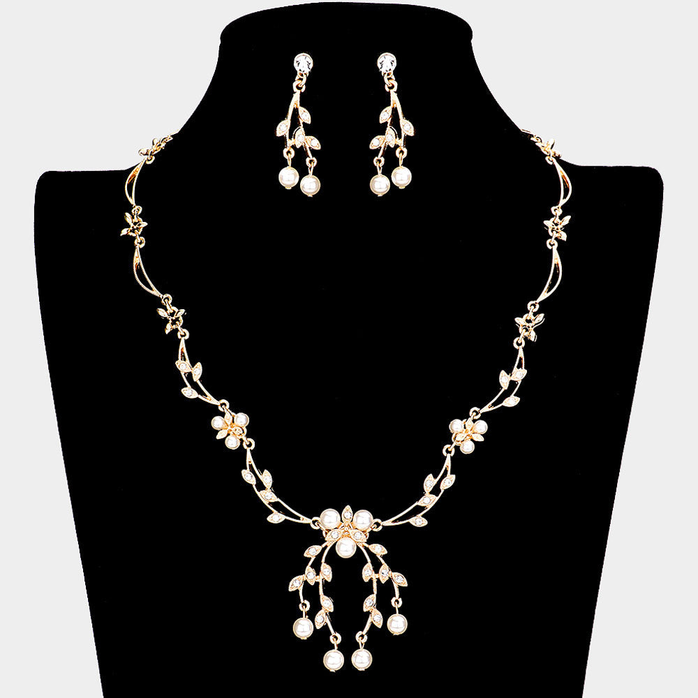 Madeline Love Clear, Cream, Gold Floral Pearl Crystal Rhinestone Necklace