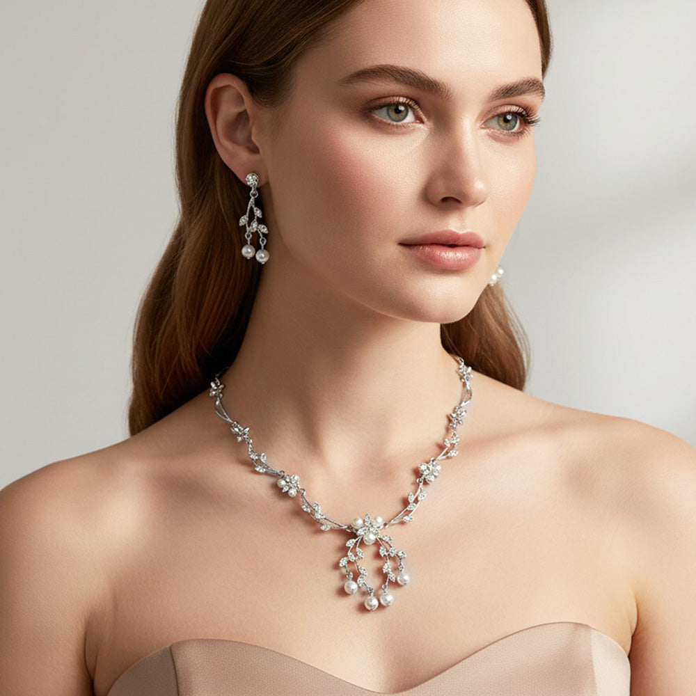 Madeline Love Clear, Silver, White Floral Pearl Crystal Rhinestone Necklace