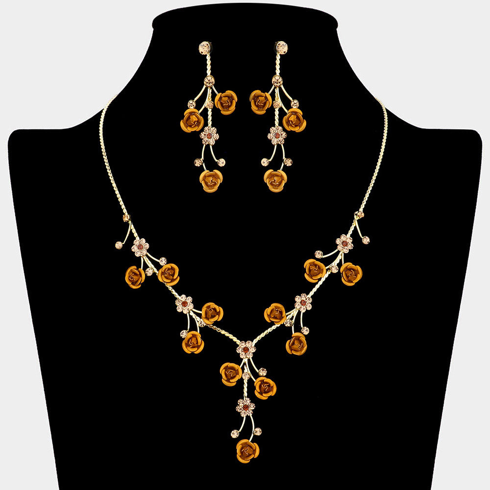 Madeline Love Gold, Topaz Rhinestone Embellished Rose Flower Cluster Vine Necklace - Jewelry