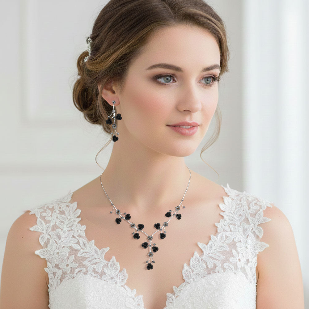 Madeline Love Black, Silver Rhinestone Embellished Rose Flower Cluster Vine Necklace - Jewelry
