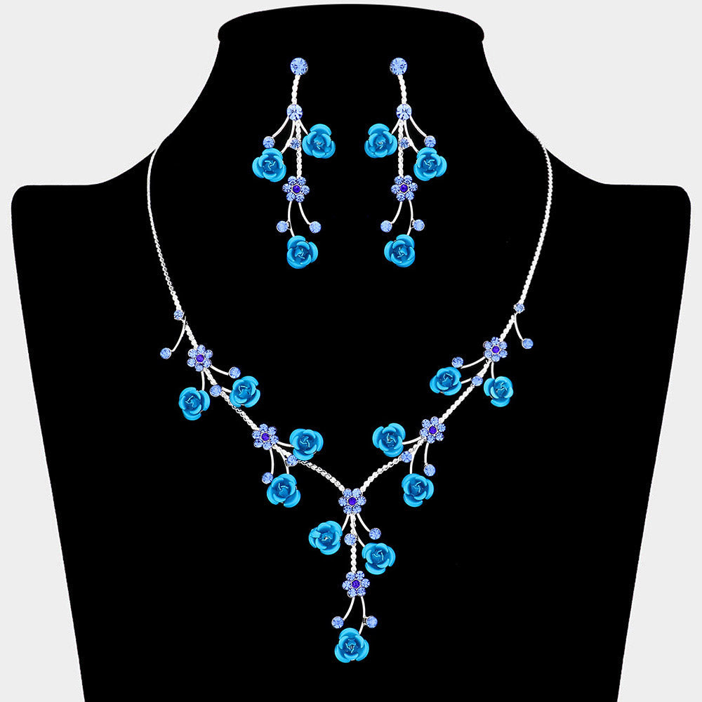 Madeline Love Blue, Silver Rhinestone Embellished Rose Flower Cluster Vine Necklace - Jewelry