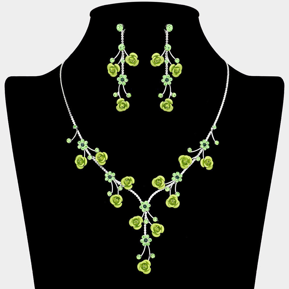 Madeline Love Green, Silver Rhinestone Embellished Rose Flower Cluster Vine Necklace - Jewelry