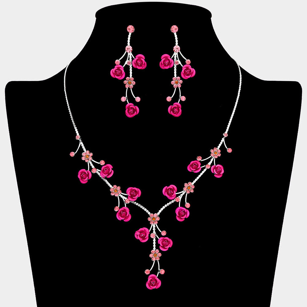 Madeline Love Pink, Silver Rhinestone Embellished Rose Flower Cluster Vine Necklace - Jewelry