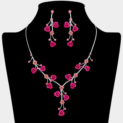 Madeline Love Pink, Silver Rhinestone Embellished Rose Flower Cluster Vine Necklace - Jewelry