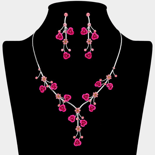 Madeline Love Pink, Silver Rhinestone Embellished Rose Flower Cluster Vine Necklace - Jewelry
