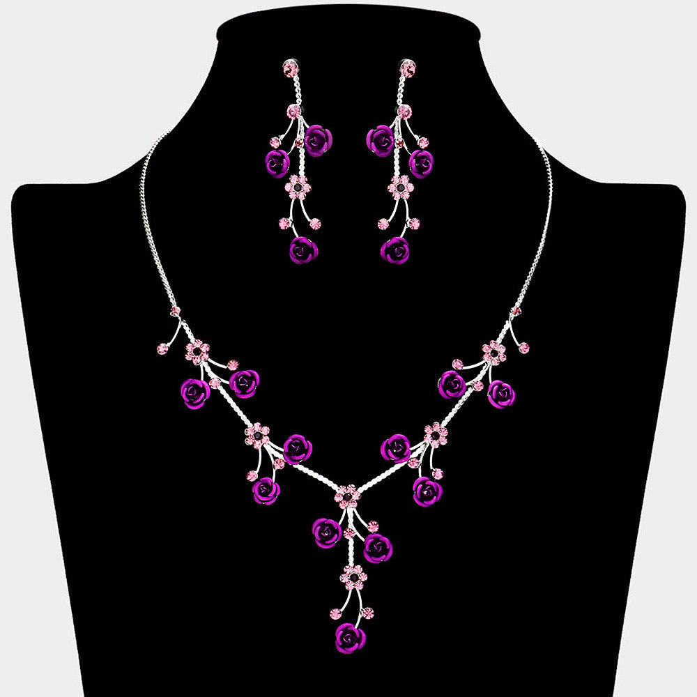 Madeline Love Purple , Silver Rhinestone Embellished Rose Flower Cluster Vine Necklace - Jewelry