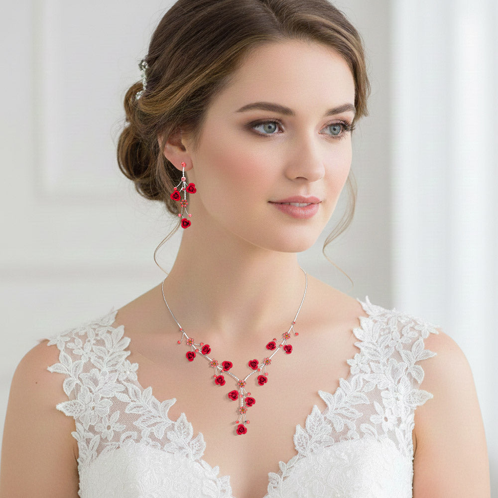 Madeline Love Red, Silver Rhinestone Embellished Rose Flower Cluster Vine Necklace - Jewelry
