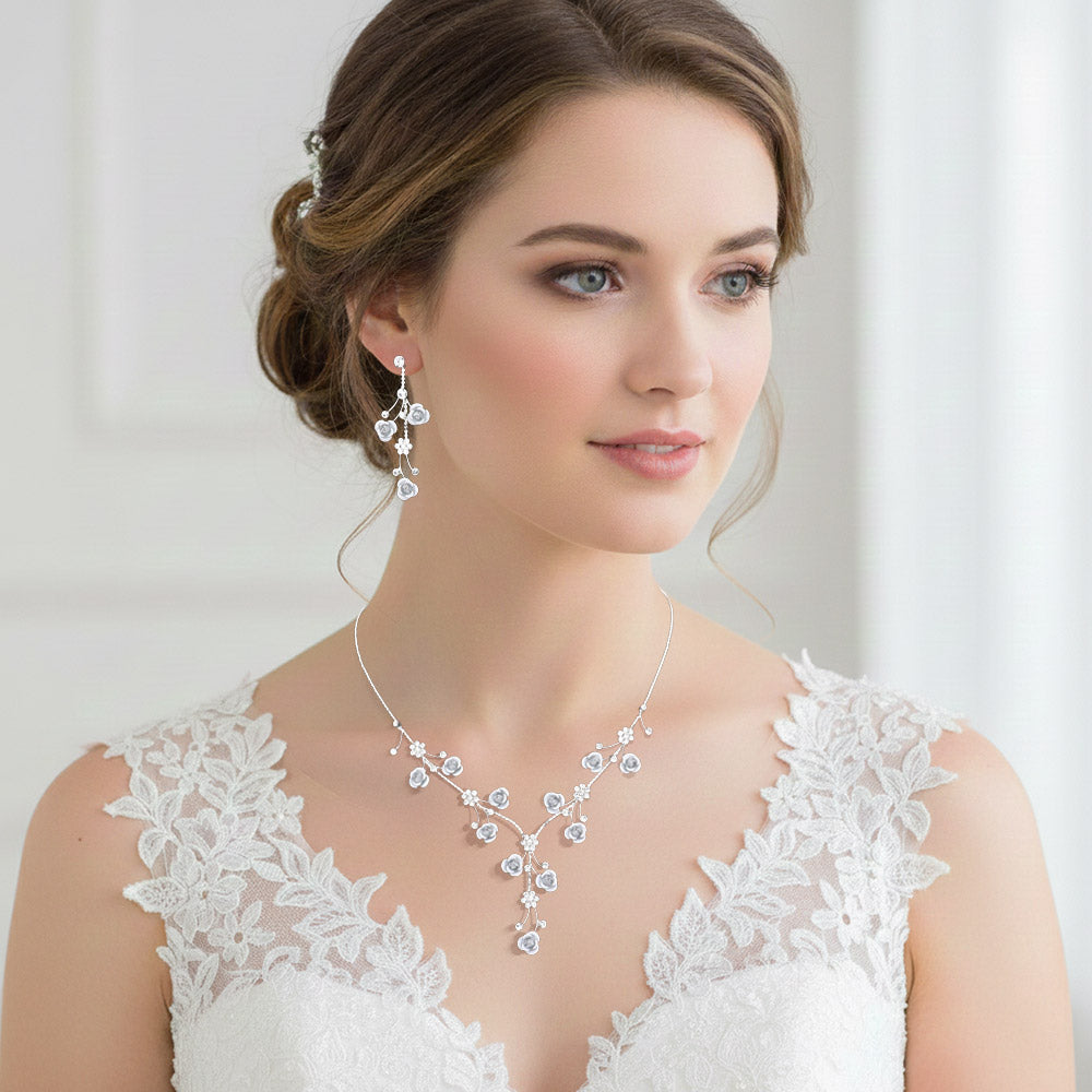 Madeline Love Silver, White Rhinestone Embellished Rose Flower Cluster Vine Necklace - Jewelry