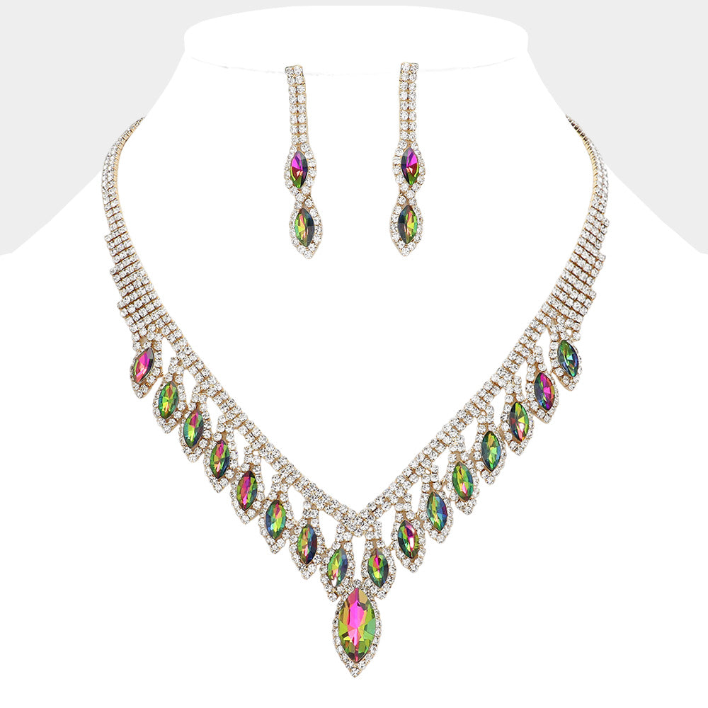 Madeline Love Gold, Vitrail Medium Marquise Stone Fringe Rhinestone Paved Necklace - Jewelry