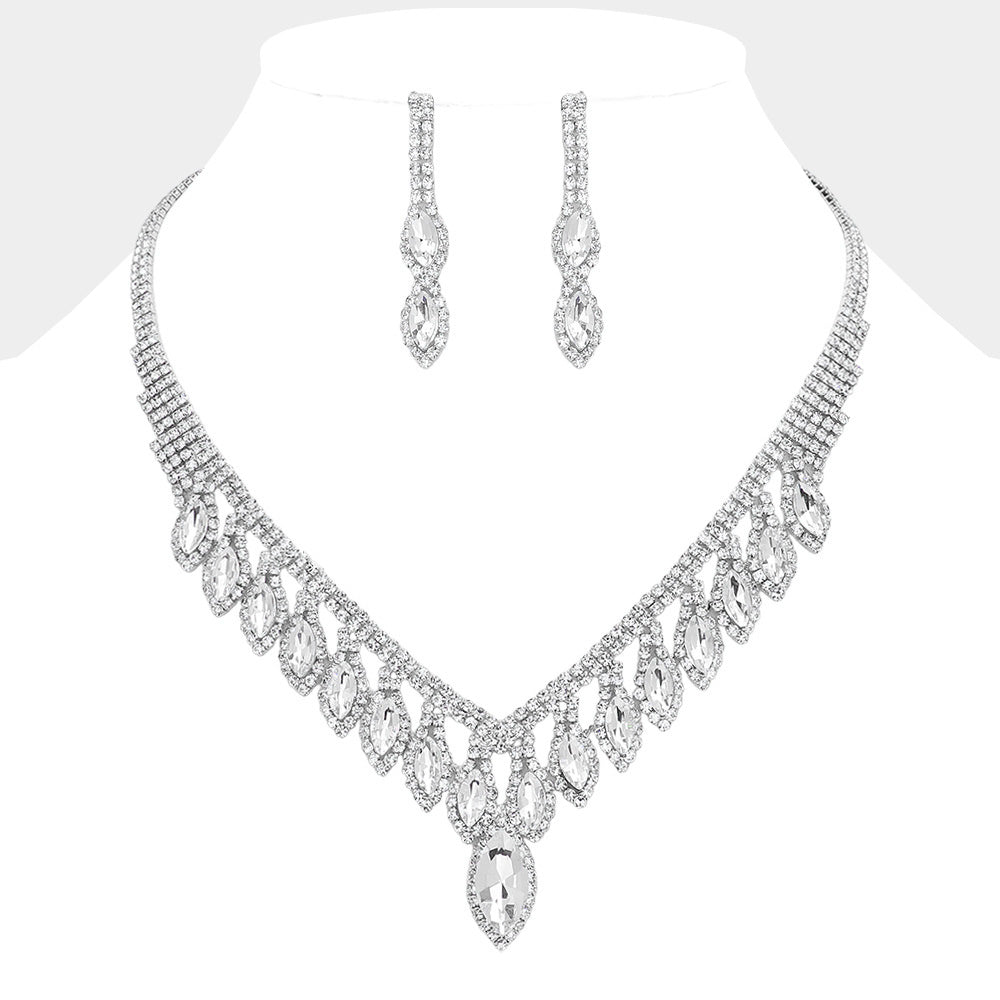 Madeline Love Clear, Silver Marquise Stone Fringe Rhinestone Paved Necklace - Jewelry