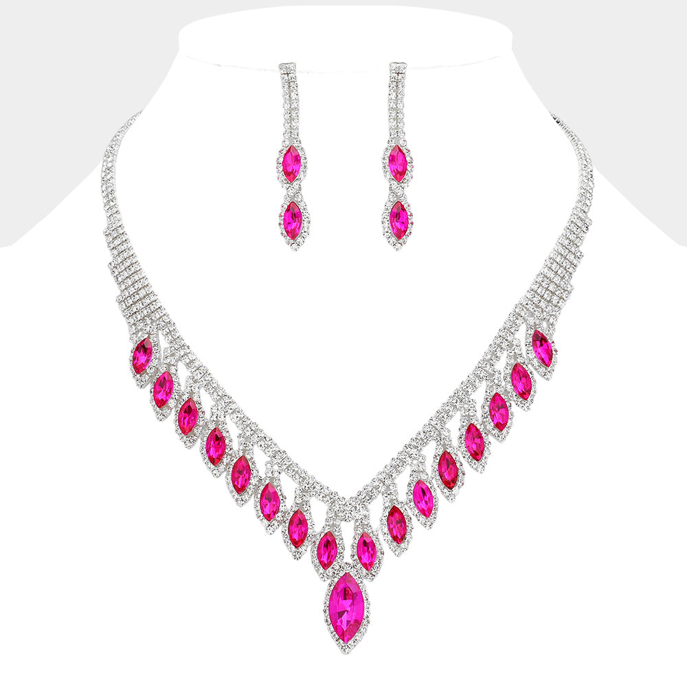 Madeline Love Fuchsia, Silver Marquise Stone Fringe Rhinestone Paved Necklace - Jewelry