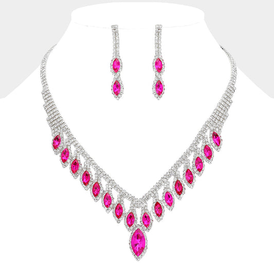 Madeline Love Fuchsia, Silver Marquise Stone Fringe Rhinestone Paved Necklace - Jewelry
