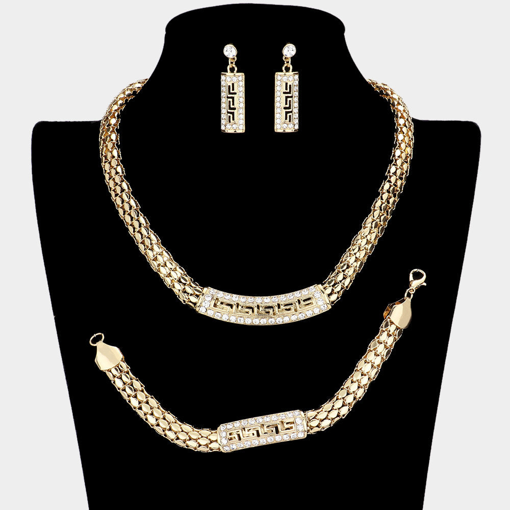Madeline Love Gold 3PCS - Greek Pattern Rhinestone Pave Pendant Accented Mesh Metal Chain Necklace Set - Jewelry