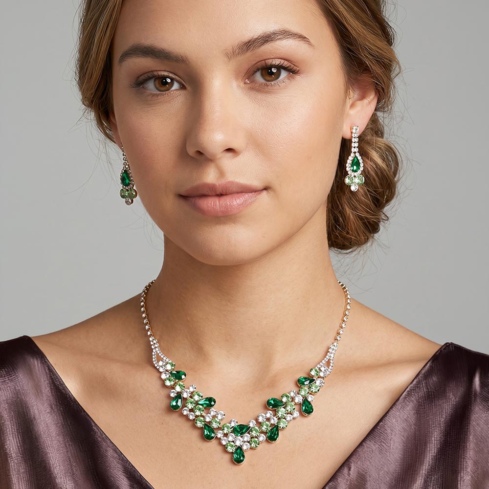 Madeline Love Emerald, Gold Teardrop Accented Rhinestone Necklace