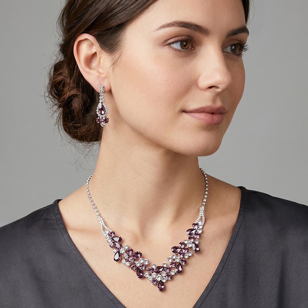 Madeline Love Amethyst , Silver Teardrop Accented Rhinestone Necklace