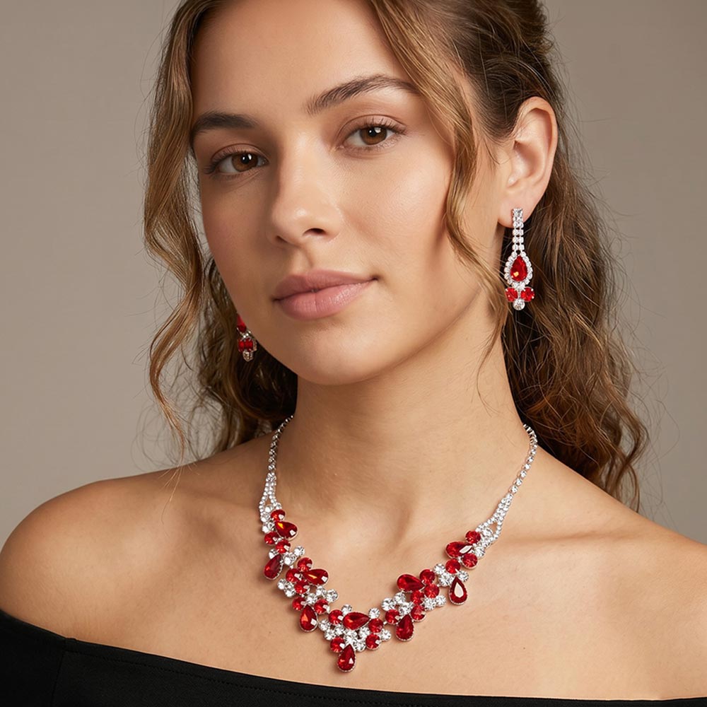 Madeline Love Red, Silver Teardrop Accented Rhinestone Necklace