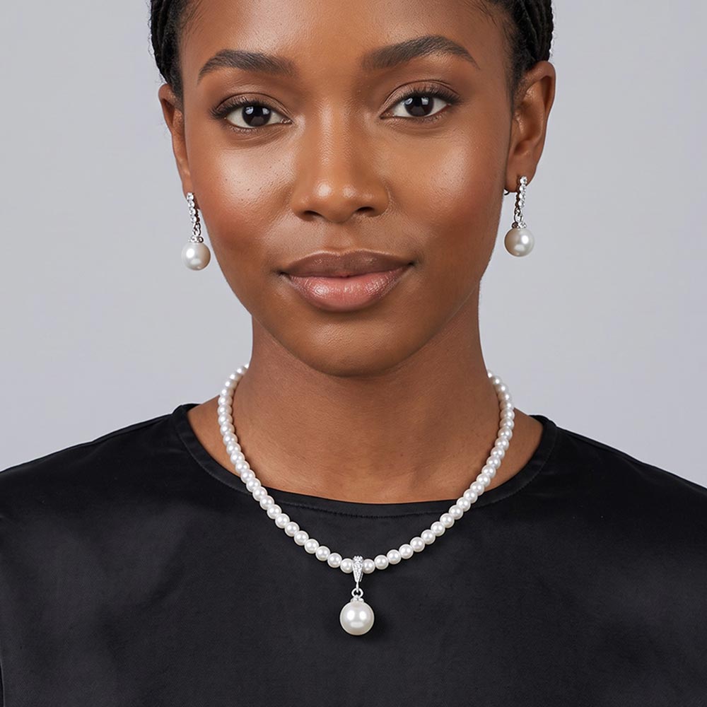 Madeline Love Silver, White Pearl Pendant Pointed Necklace