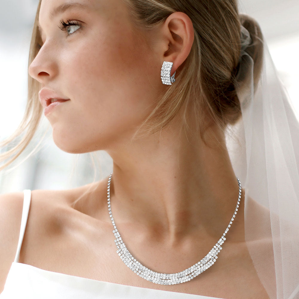 Madeline Love Clear, Silver Rhinestone Paved Collar Necklace Clip on Earring Set - Jewelry