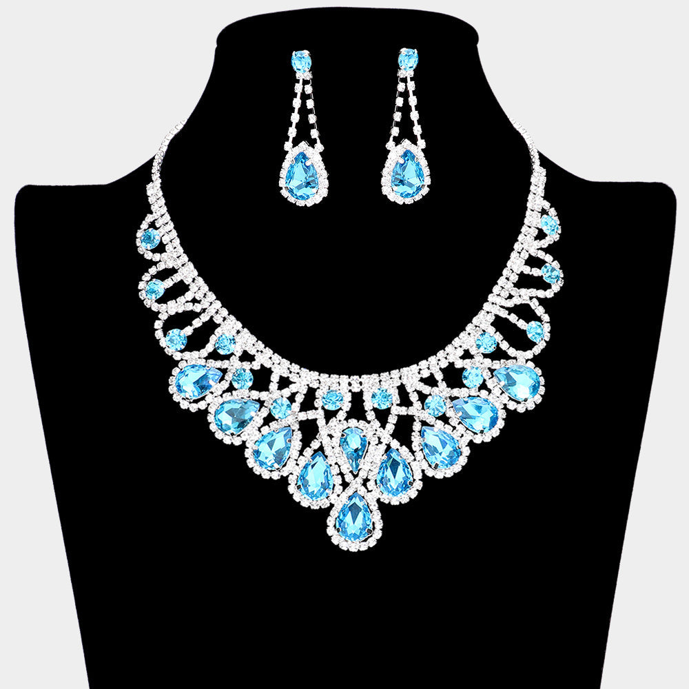 Madeline Love Aqua, Blue Crystal Teardrop Rhinestone Pave Evening Necklace - Jewelry