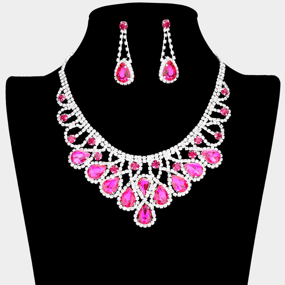 Madeline Love Fuchsia Crystal Teardrop Rhinestone Pave Evening Necklace - Jewelry