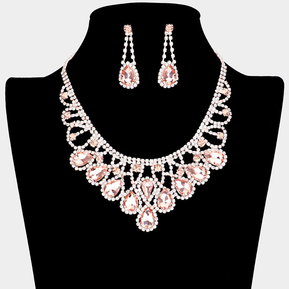Madeline Love Peach, Rose Gold Crystal Teardrop Rhinestone Pave Evening Necklace - Jewelry