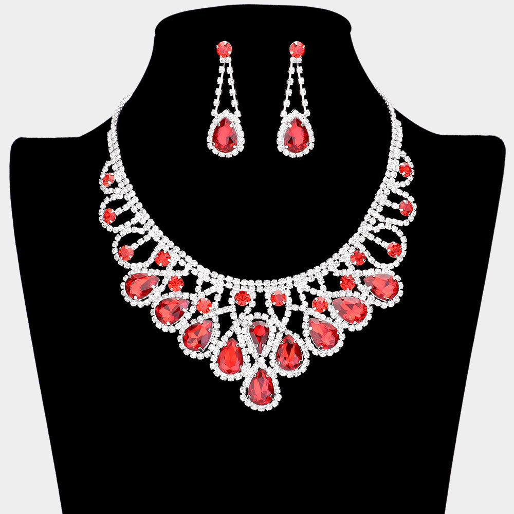Madeline Love Red Crystal Teardrop Rhinestone Pave Evening Necklace - Jewelry