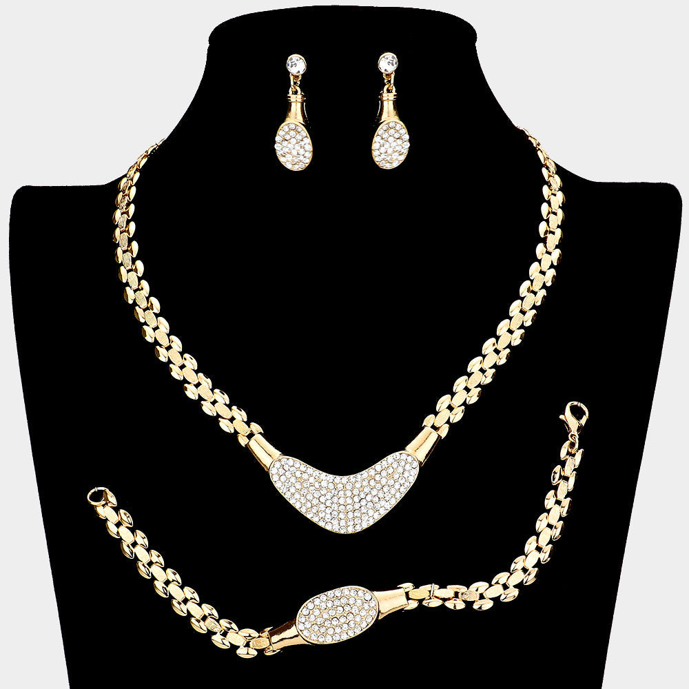Madeline Love Clear, Gold 3PCS - Crystal Rhinestone Pave Plate Metal Necklace Jewelry Set - Necklaces