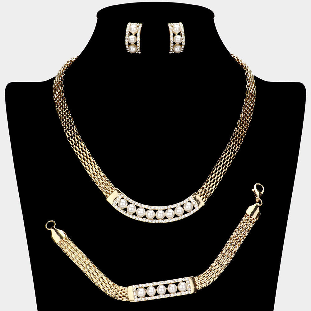 Madeline Love Clear, Gold Pearl Pointed Bar Crystal Rhinestone Necklace Jewelry Set