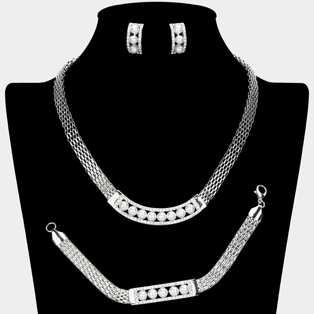 Madeline Love Silver, White Pearl Pointed Bar Crystal Rhinestone Necklace Jewelry Set