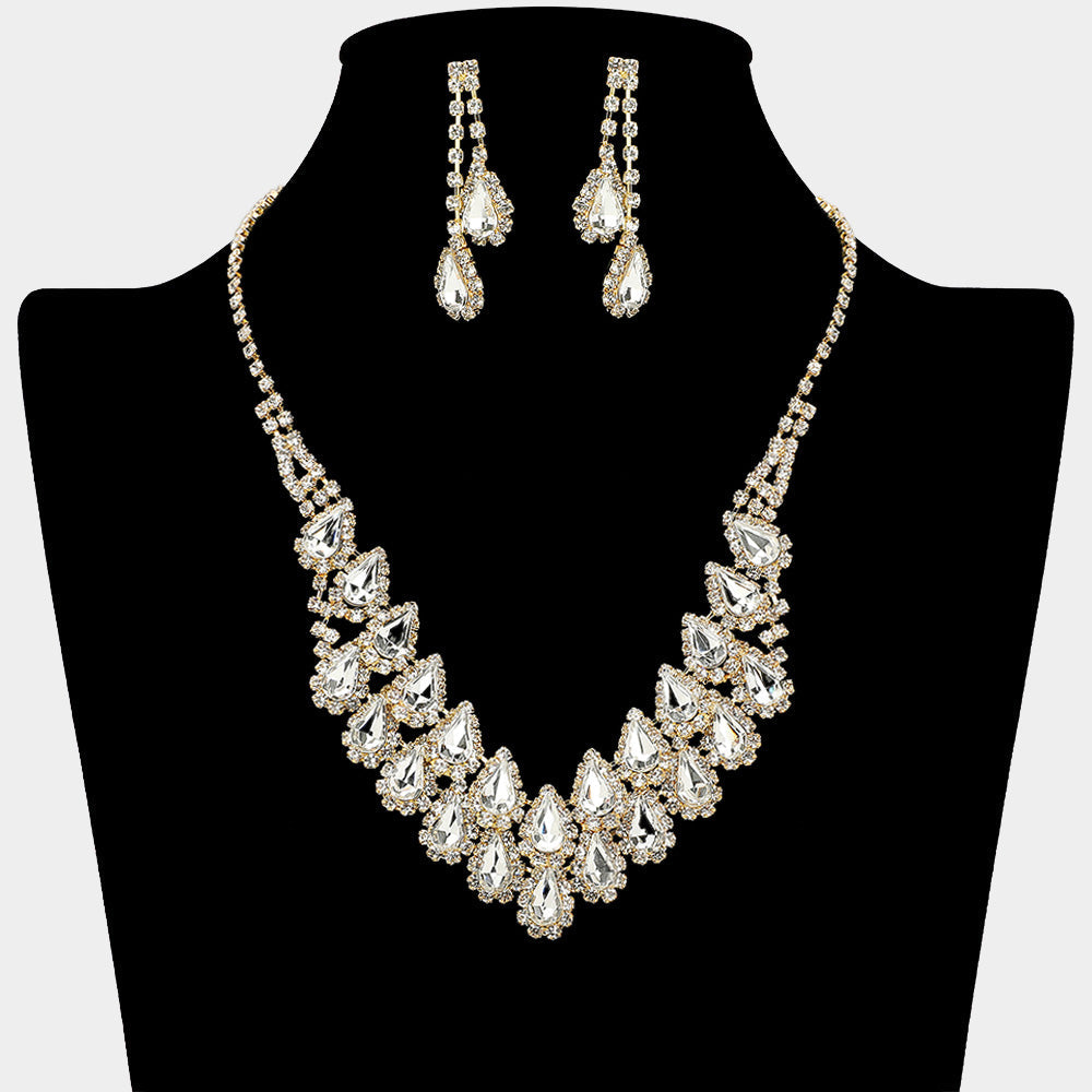Madeline Love Clear, Gold Crystal Rhinestone Teardrop Cluster Necklace - Jewelry