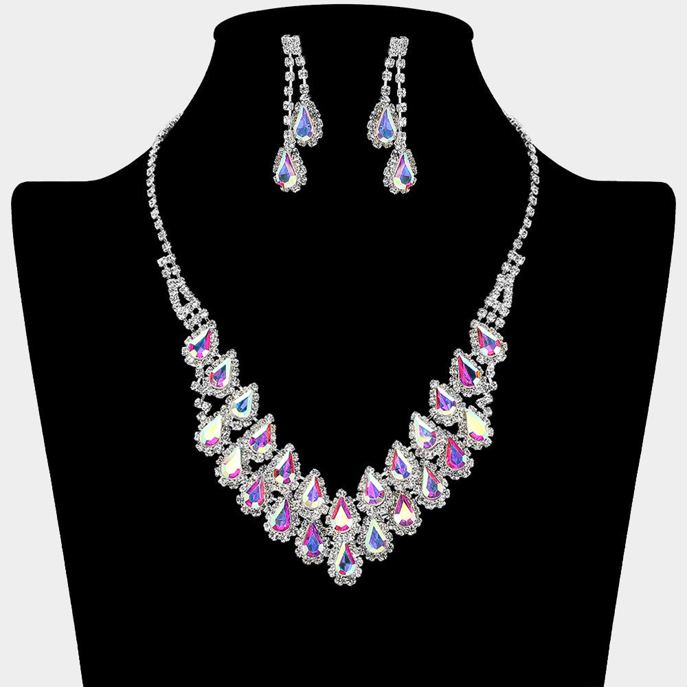 Madeline Love AB, Silver Crystal Rhinestone Teardrop Cluster Necklace - Jewelry