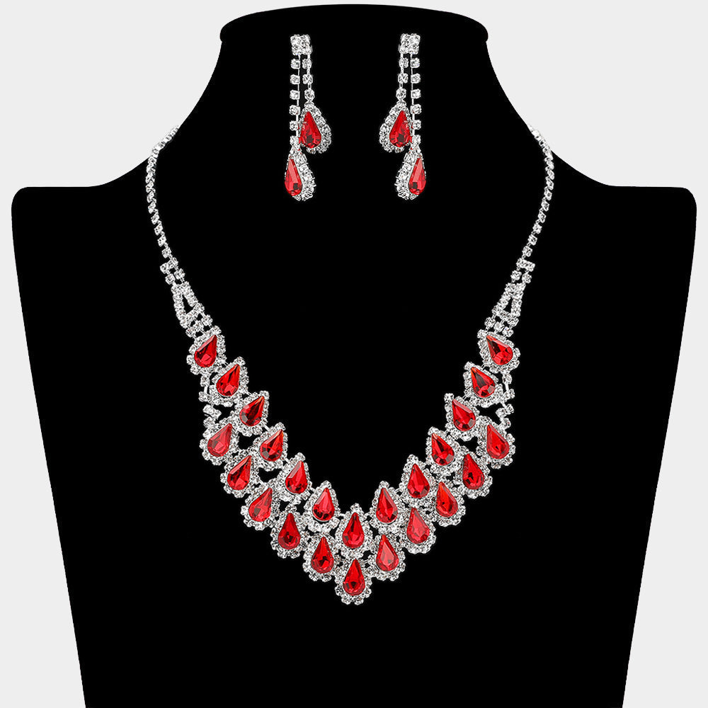 Madeline Love Red, Silver Crystal Rhinestone Teardrop Cluster Necklace - Jewelry