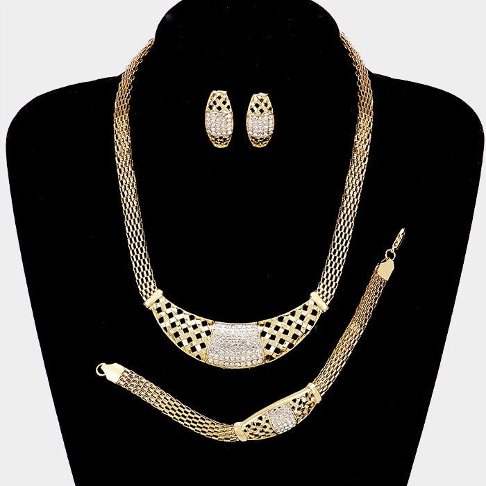 Madeline Love Clear, Gold 3-PCS Crystal rhinestone pave metal mesh necklace jewelry set - Necklaces