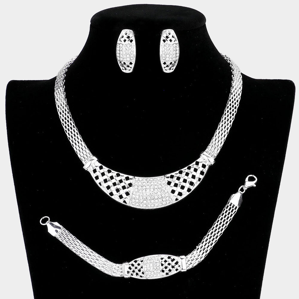 Madeline Love Clear, Silver 3PCS - Crystal rhinestone pave metal mesh necklace jewelry set - Necklaces
