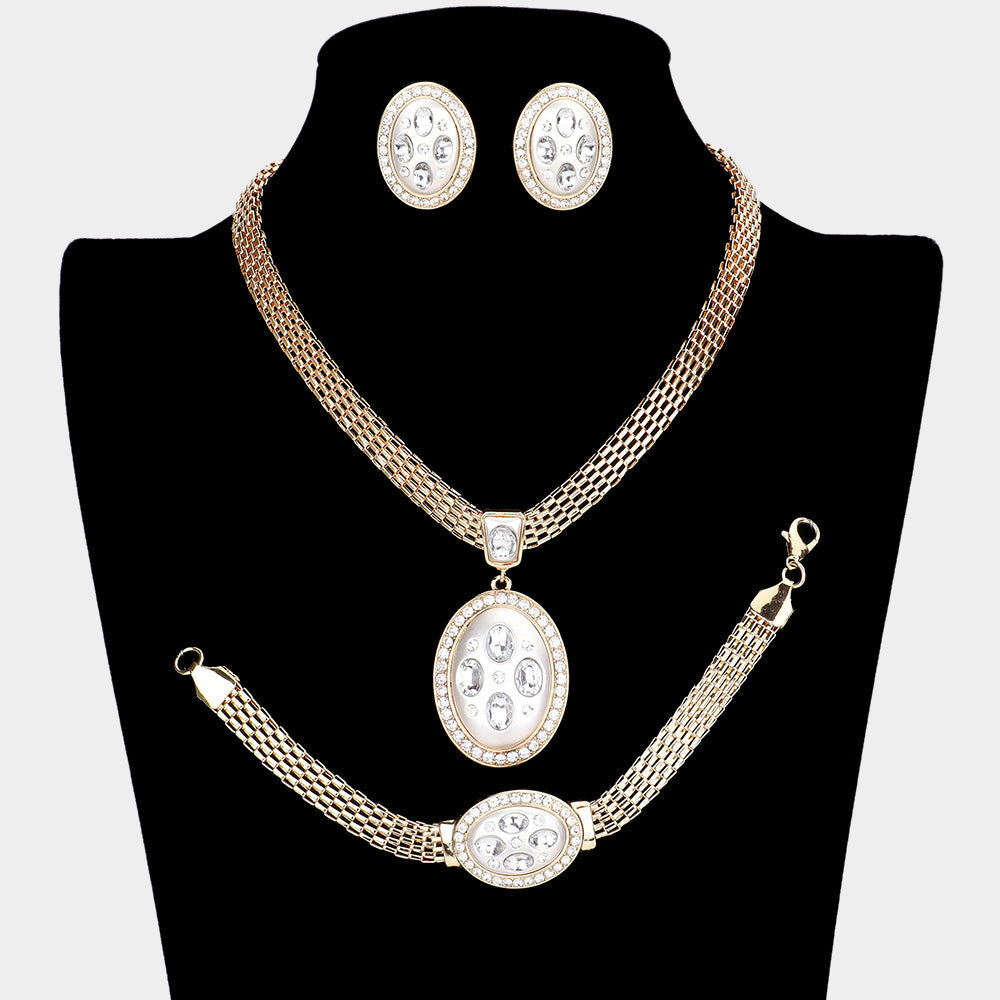 Madeline Love Two Tone Marquise Rhinestone Trim Oval Dangle Necklace Jewelry Set