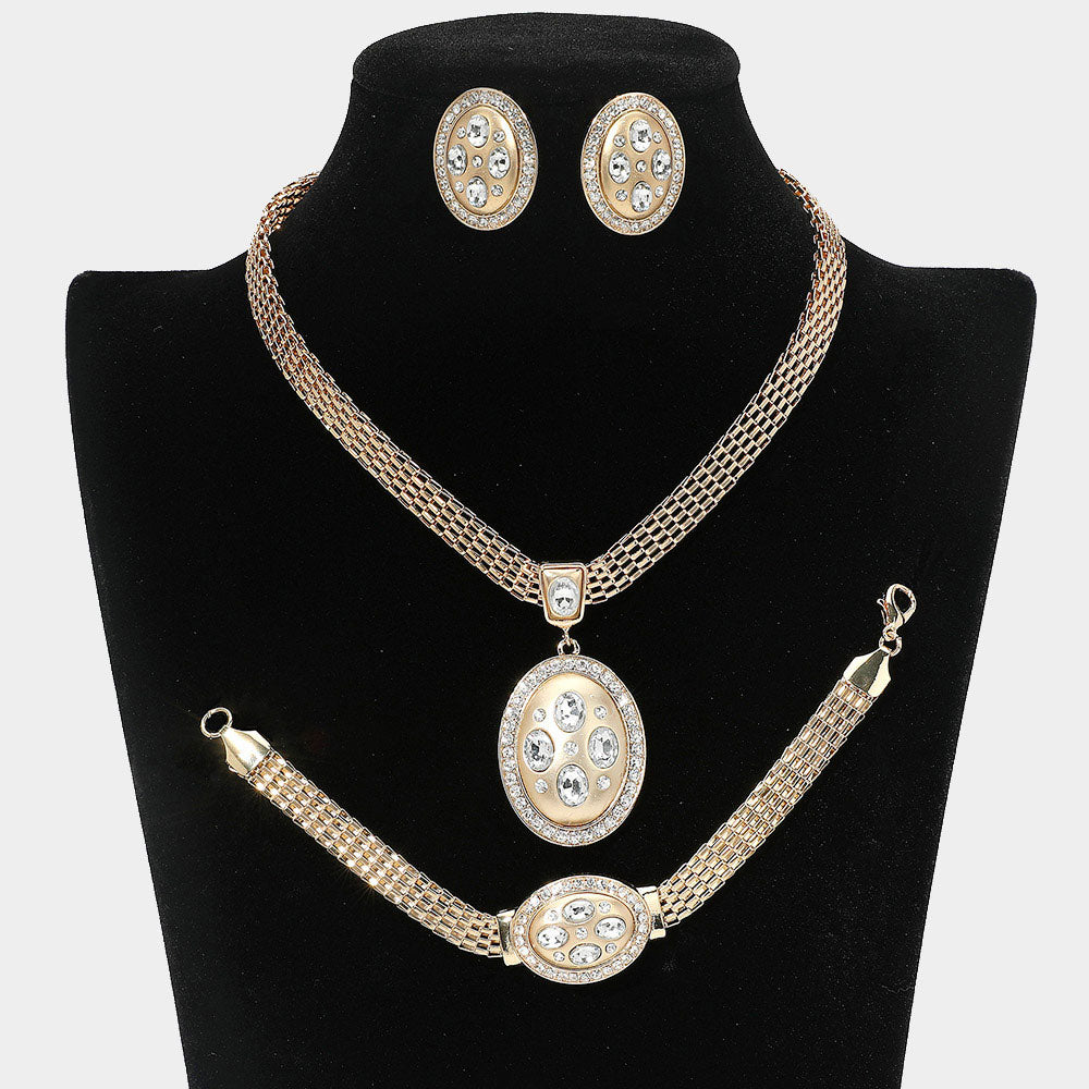 Madeline Love Clear, Gold Marquise Rhinestone Trim Oval Dangle Necklace Jewelry Set