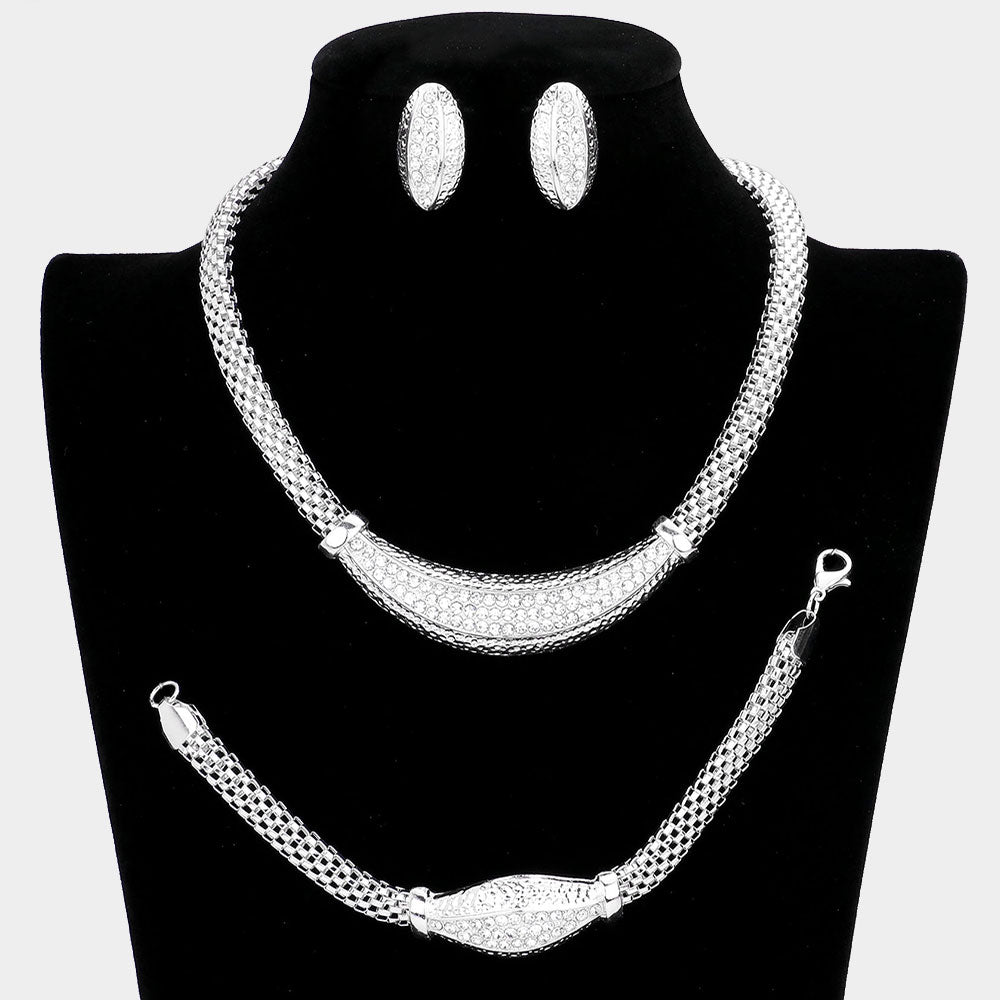 Madeline Love Clear, Silver 3PCS - Crystal Rhinestone Pave Mesh Metal Necklace Jewelry Set - Necklaces