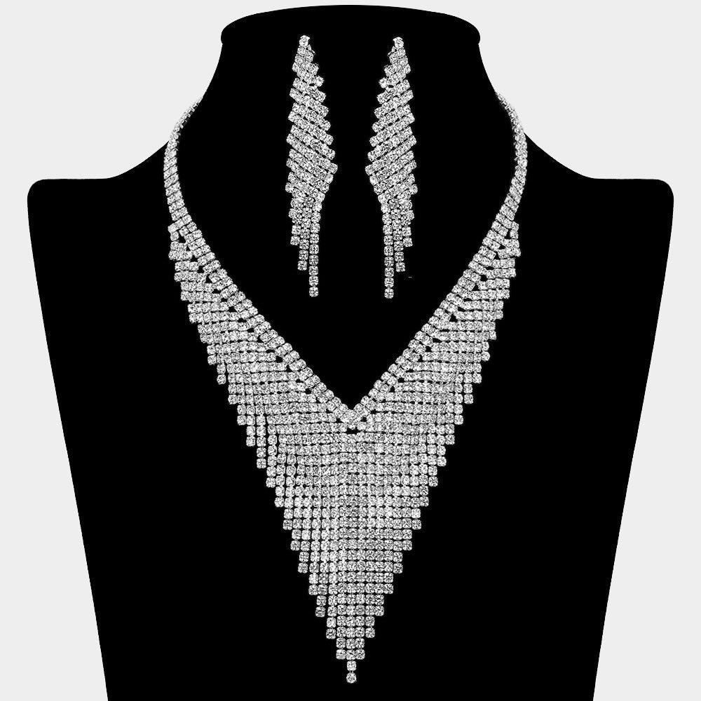 Madeline Love Clear, Silver Crystal Rhinestone Marquise V-Collar Necklace - Jewelry