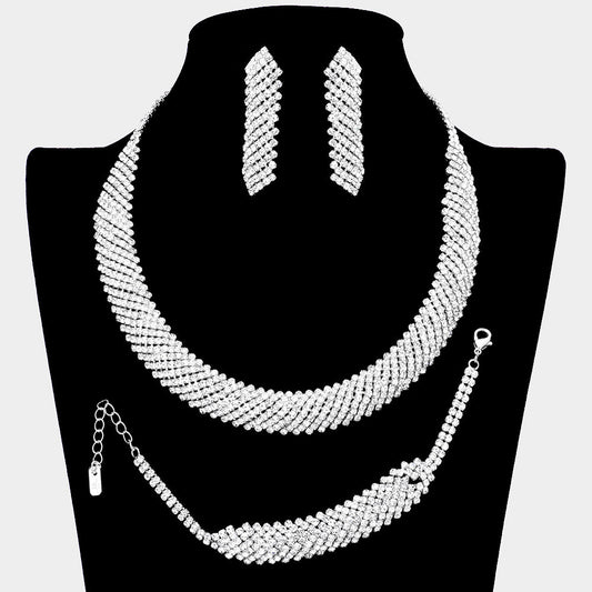 Madeline Love Silver 3PCS Curved Rhinestone Necklace Jewelry Set