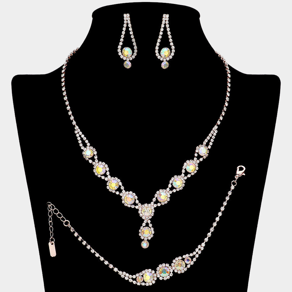Madeline Love AB, Rose Gold Rhinestone Bubble Necklace Jewelry Set