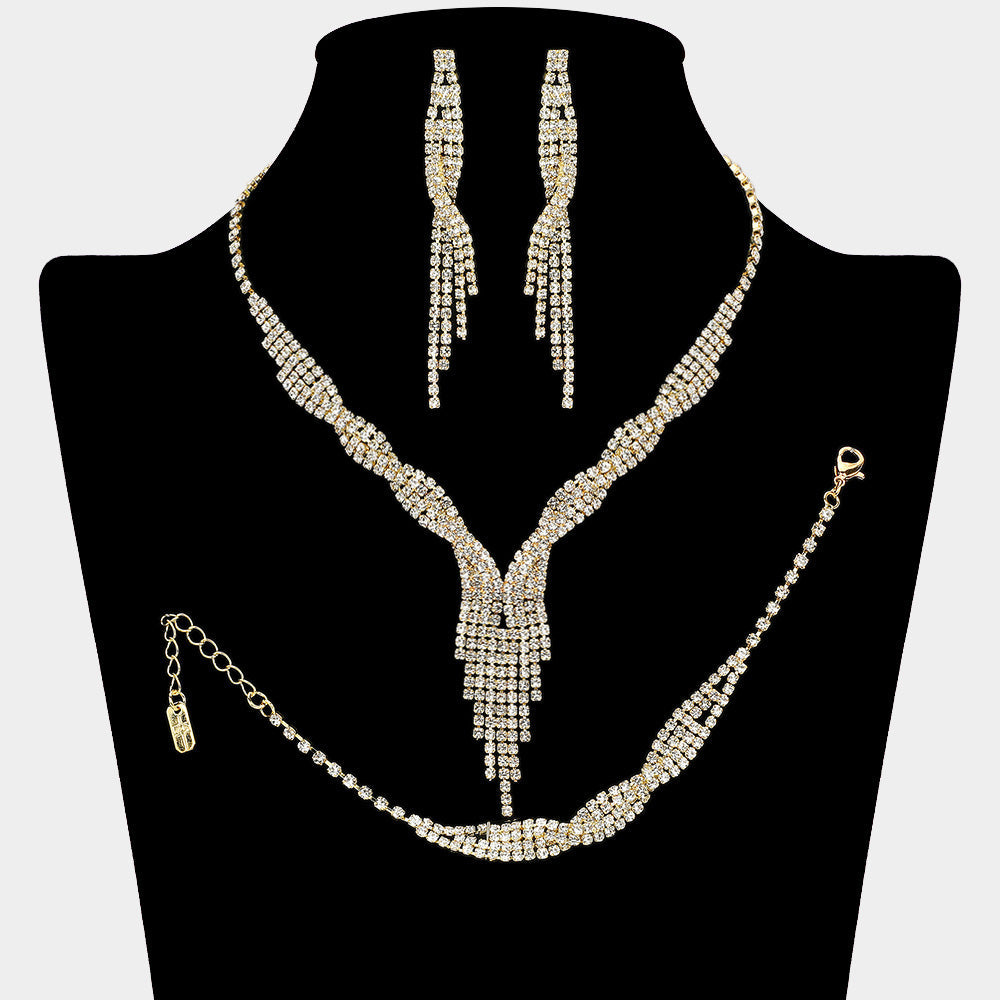 Madeline Love Clear, Gold 3-PCS Rhinestone fringe necklace jewelry set