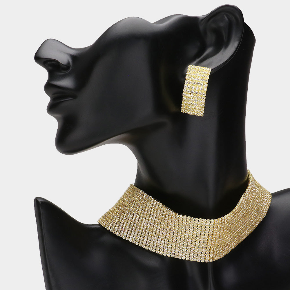 Madeline Love Clear, Gold 15 Row Mini Crystal Rhinestone Choker Necklace - Necklaces