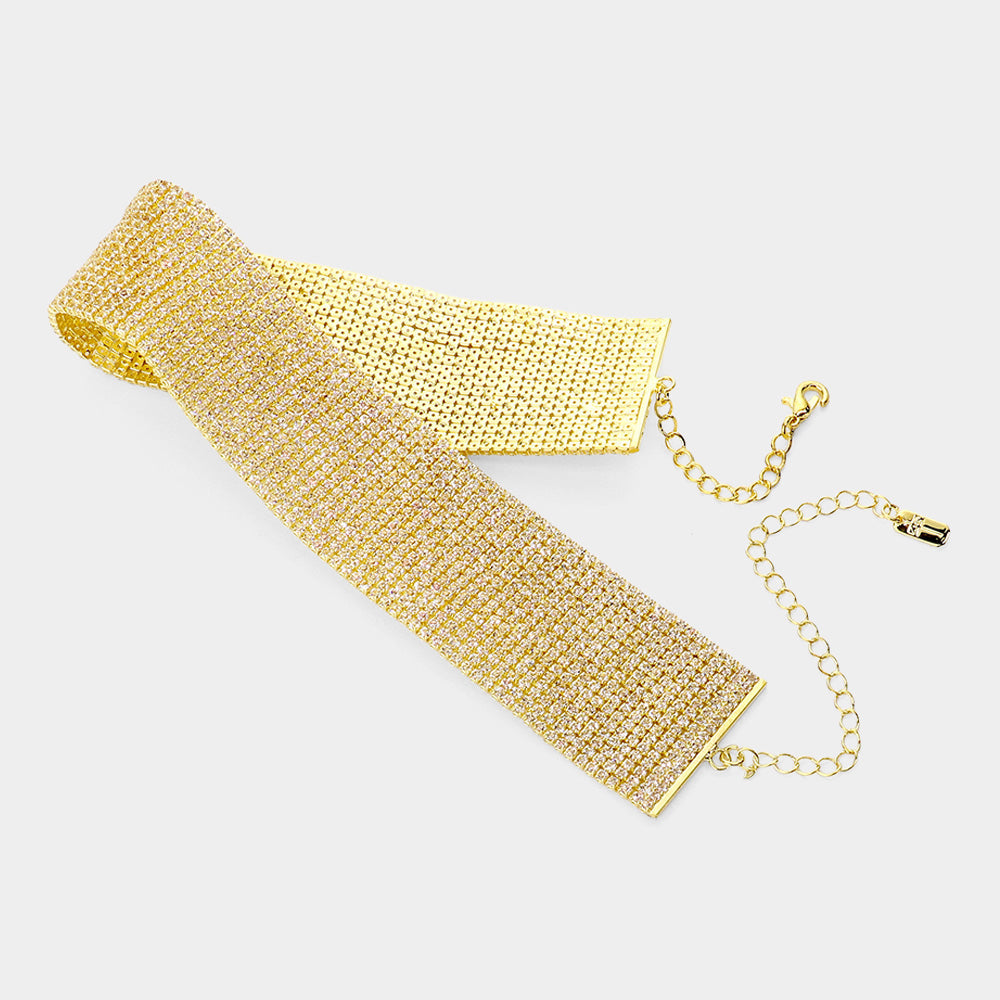 Madeline Love Clear, Gold 15 Row Mini Crystal Rhinestone Choker Necklace - Necklaces - desc