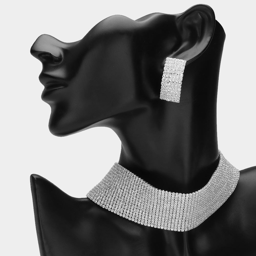 Madeline Love Clear, Silver 15 Row Mini Crystal Rhinestone Choker Necklace - Necklaces