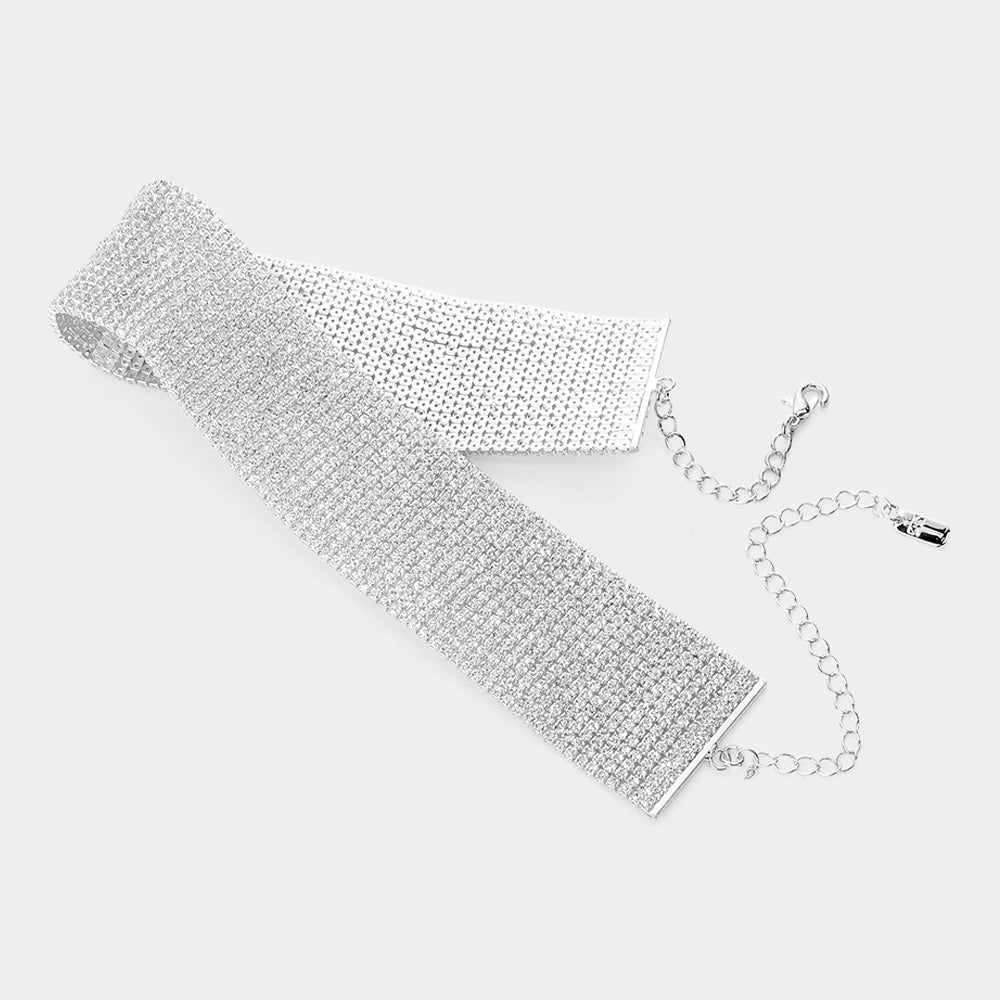 Madeline Love Clear, Silver 15 Row Mini Crystal Rhinestone Choker Necklace - Necklaces - desc
