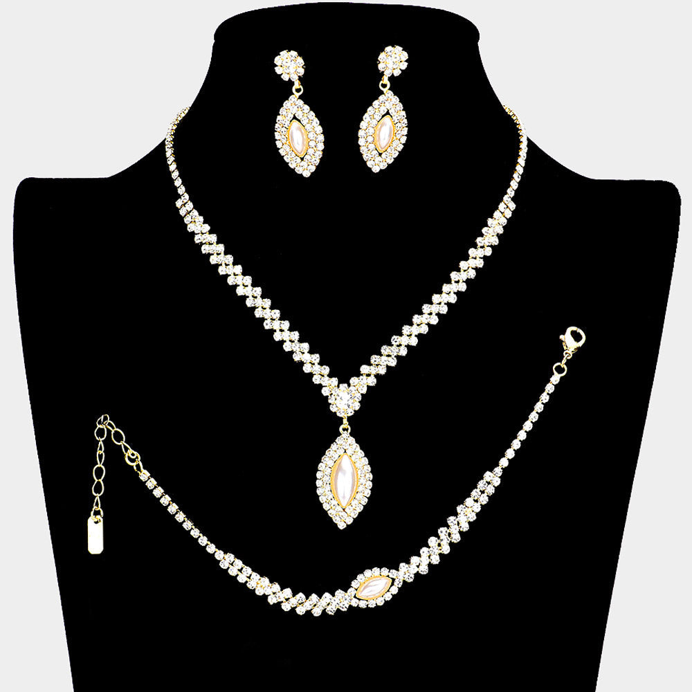 Madeline Love Clear, Cream, Gold 3PCS - Crystal Rhinestone Oval Pearl Dangle Necklace Jewelry Set