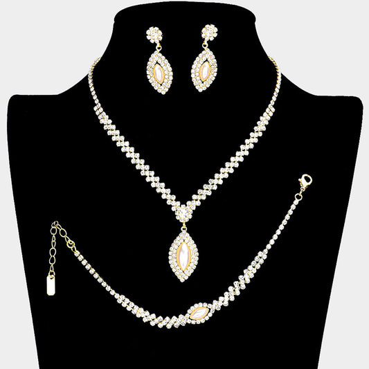 Madeline Love Clear, Cream, Gold 3PCS - Crystal Rhinestone Oval Pearl Dangle Necklace Jewelry Set