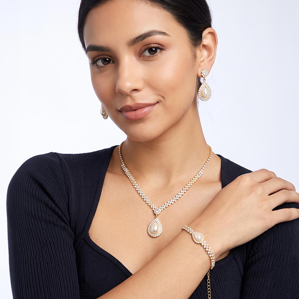 Madeline Love Cream, Gold Teardrop Pearl Accented Rhinestone Necklace Jewelry Set