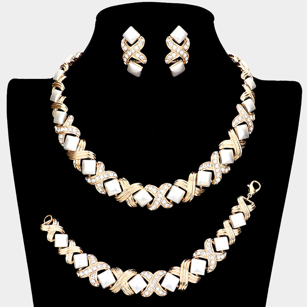 Madeline Love Clear, Gold, Silver 3PCS Pave Crystal Rhinestone Crisscross Necklace Jewelry Set