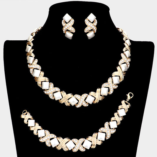Madeline Love Clear, Gold, Silver 3PCS Pave Crystal Rhinestone Crisscross Necklace Jewelry Set